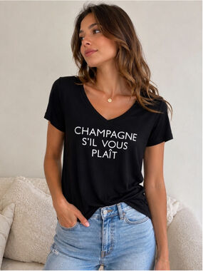 Final Touch Champagne S’il Vous Plaît Graphic Tee Black V Neck Top Small